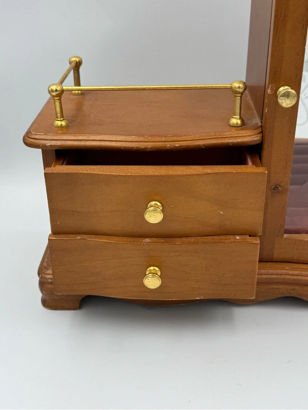 Vintage Musical Wooden Jewelry Box Armoire‎ Etched Glass Door w 2 Drawers